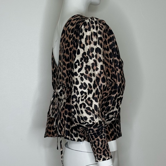 GANNI Cedar Tie Back Leopard Print Puff Sleeve Top Linen and Silk  SZ 38 - Picture 4 of 11